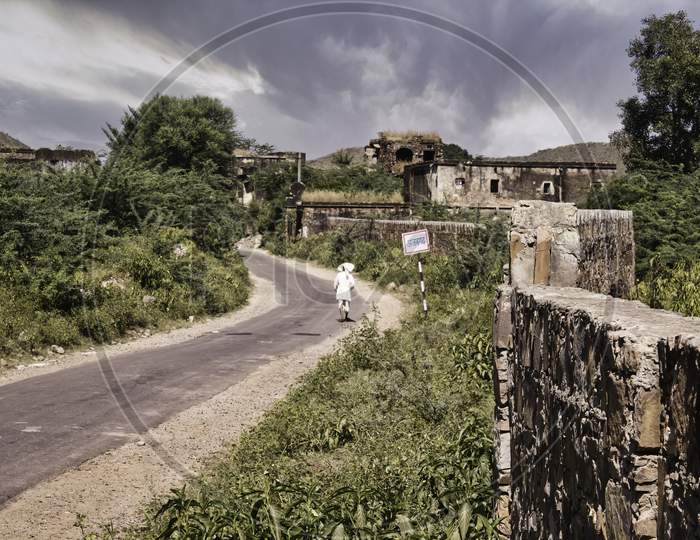 Rajasthan, India - October 06, 2012: A Landscape Surrounding Abandoned Cursed Fort In A Place Named Ajabgarh On A Way To Allegedly Haunted Place Bhangarh Fort