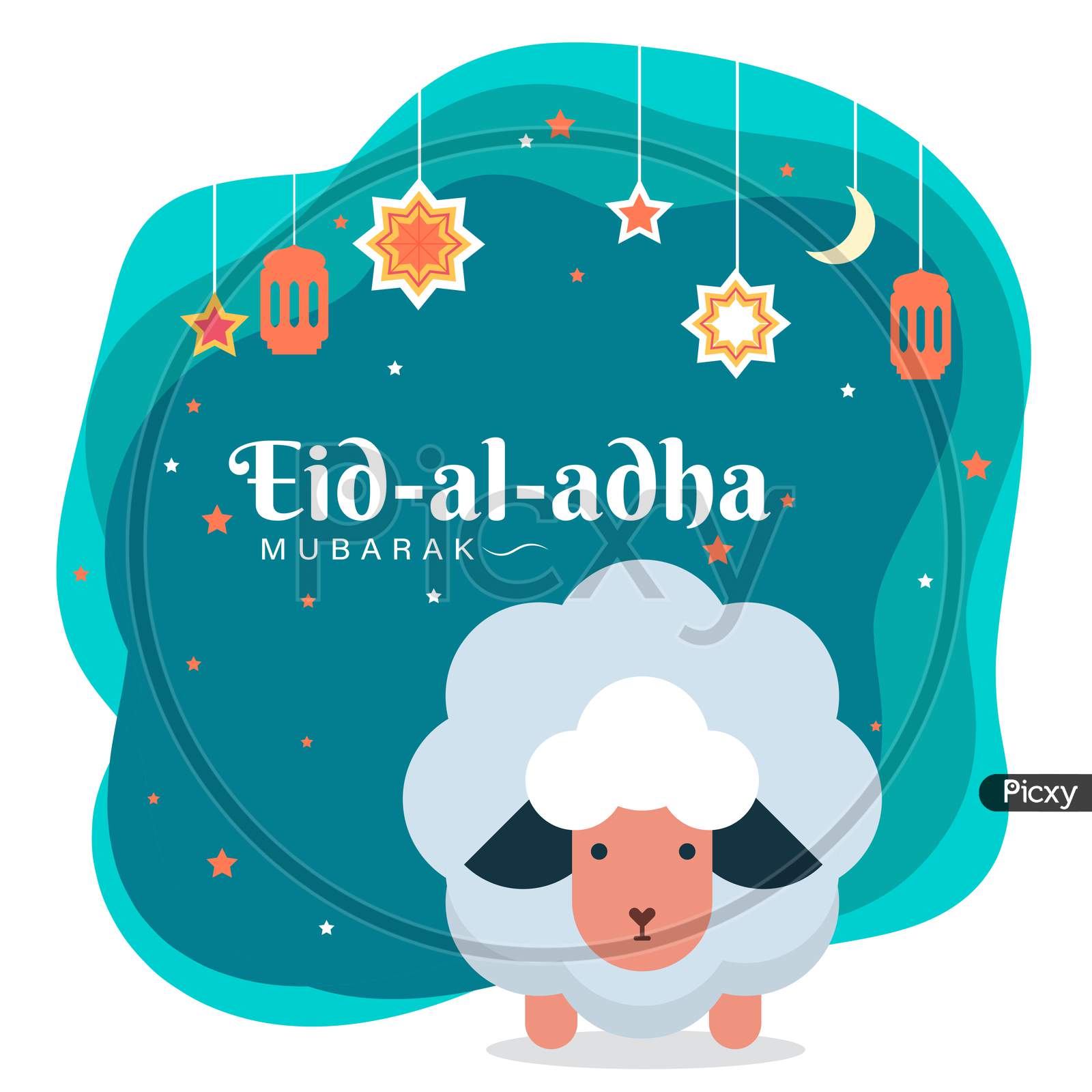 Eid Al Adha Mubarak, Goat Illustration Greeting Wish Poster, Card, Vector Illustration