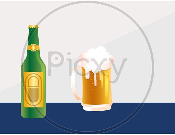 Mock Up Illustration Of Beer Bottle And Mug