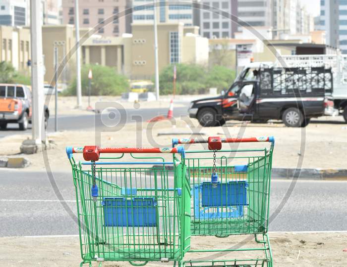 Empty Trollies At A Shopping Mall.