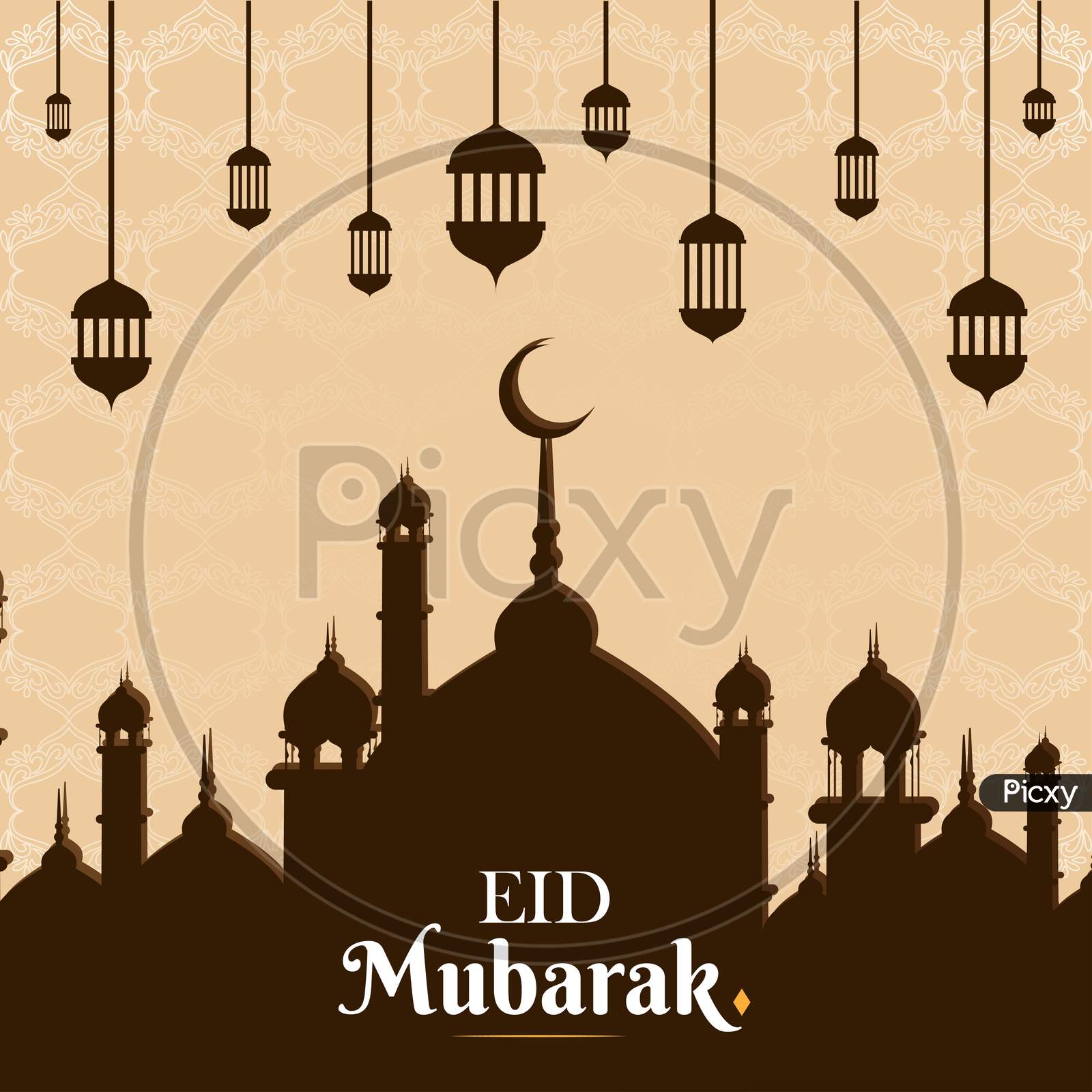 Eid Mubarak Pattern Background Elegant Greeting Wish Card, Poster, Vector Illustration