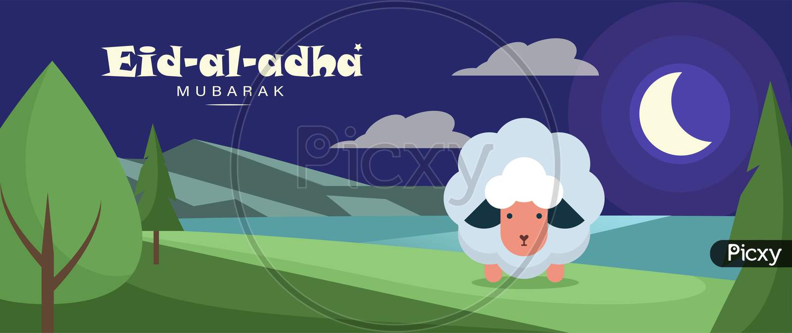 Eid Al Adha Mubarak, Goat And Ladscape Illustration Greeting Wish Poster, Card, Vector Illustration
