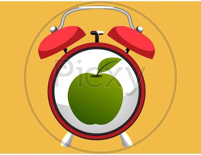 Digital Design Of Alarm Clock And Fruit On Abstract Background