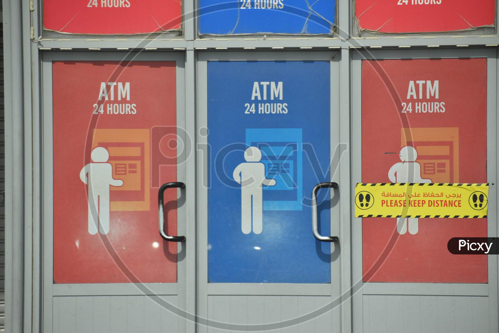 Red And Blue Painted Atm Counter .