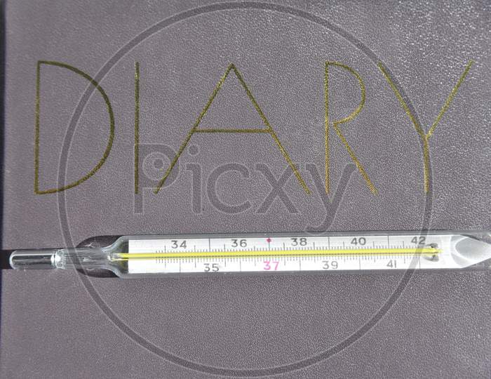 Selective Focus Of The Diary With Thermometer