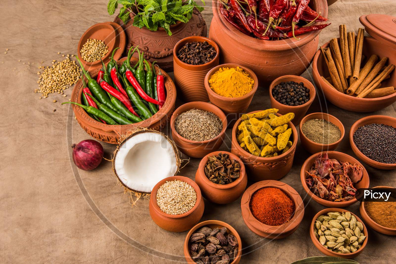 Indian Spices in terracotta pots