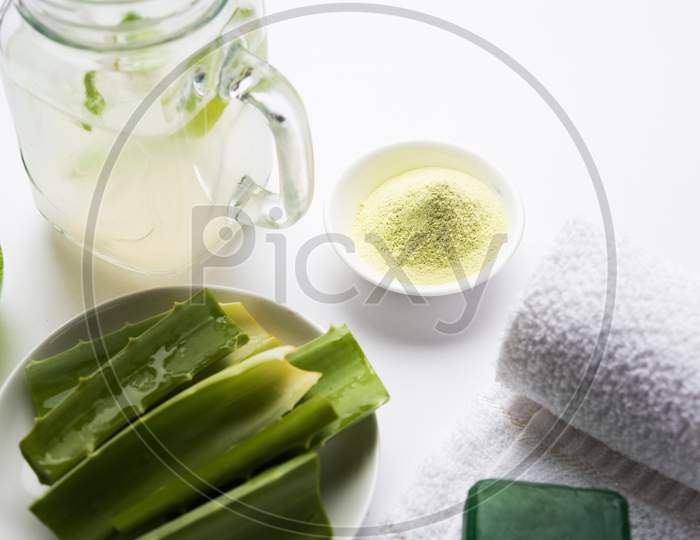 Aloe vera juice, gel, beauty cream or moisturiser, soap and powder