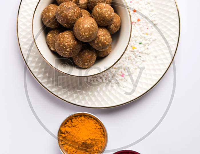 Til Gul OR Sweet Sesame Laddu with Sugar ball Crystals and haldi kumkum