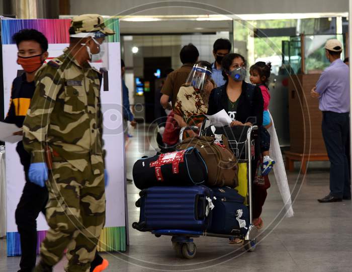Guwahati,Assam,India-May 25:Passengers, Wearing Mask, Leave From Lokpriya Gopinath Bordoloi International Airport, After Arriving By A Domestic Flight Following Its Resumption, In Guwahati,Assam,India, Monday, May 25, 2020.