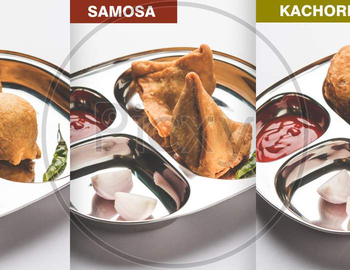 samosa, kachori and aloo bonda or batata vada collage