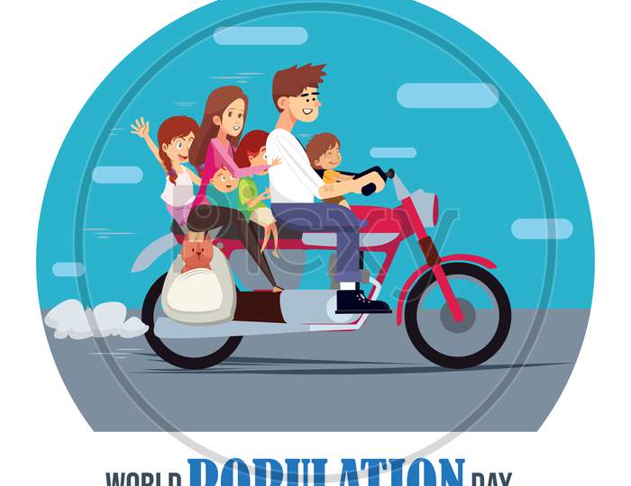 World Population Day, Flat Illustration Of Whole Family With Pet Dog On A Motorbike, Motorcycle, Vector