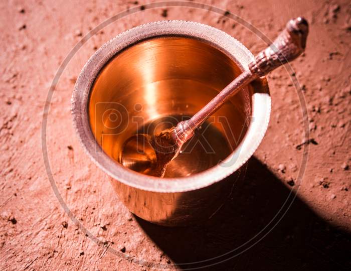 Sandhya Vandanam Kriya showing Copper utensils