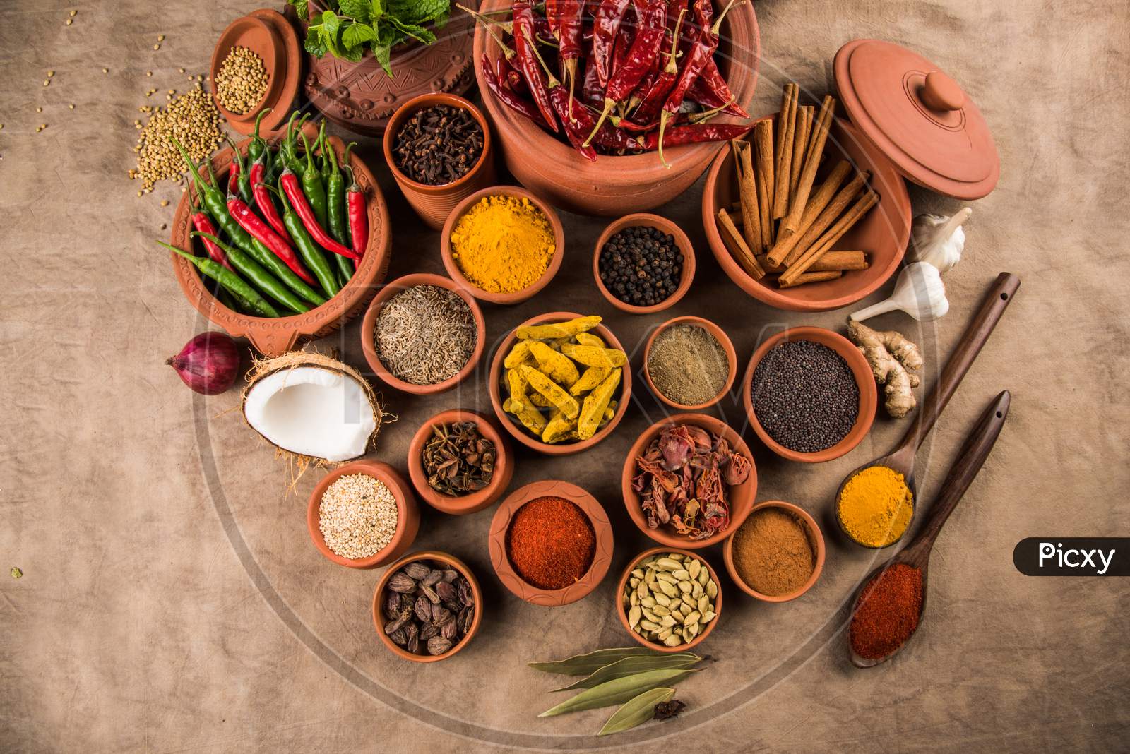 Indian Spices in terracotta pots
