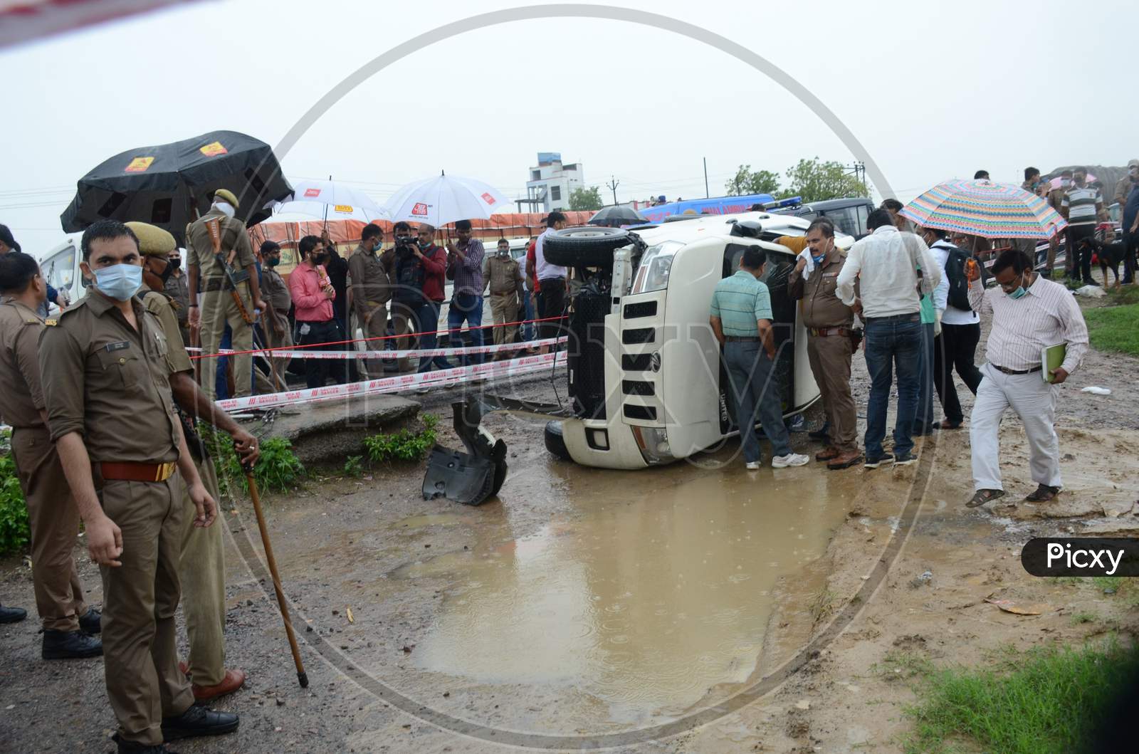 Police Officials Seal The Site Of Encounter Where Gangster Vikas Dubey Was Killed When He Tried To Escape From Police Custody In Kanpur, Uttar Pradesh On July 10, 2020