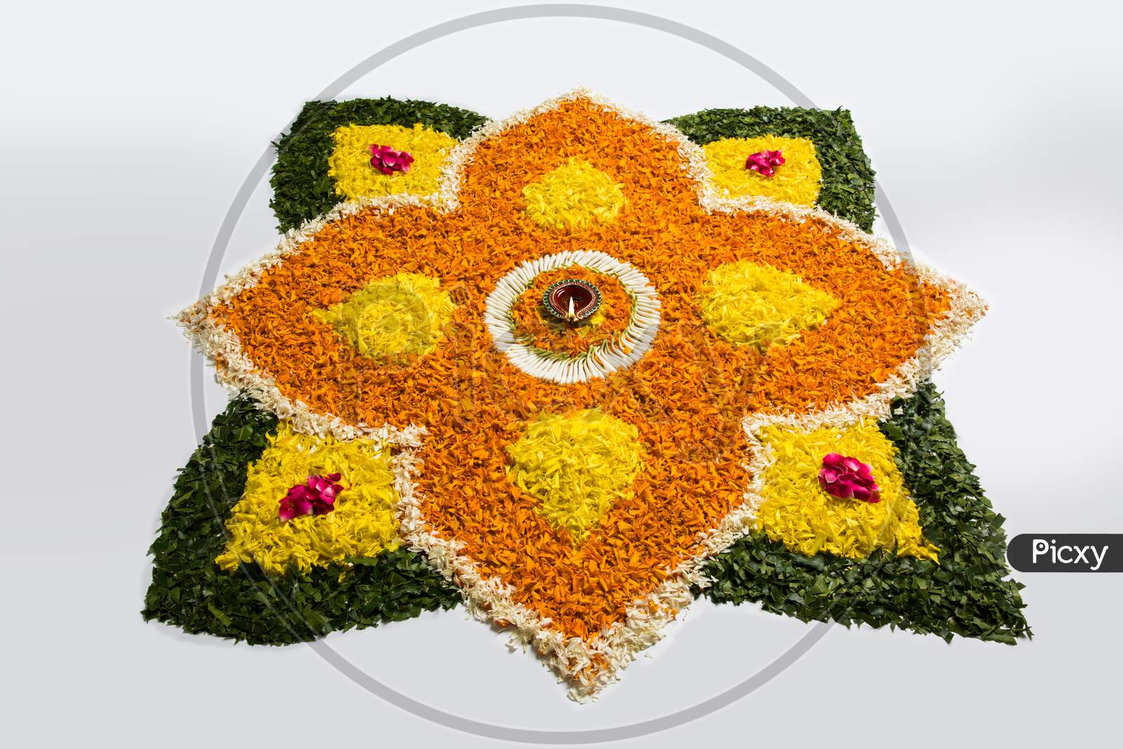 Image of flower rangoli for Diwali or pongal with diya or clay oil ...