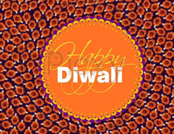 Happy Diwali Greeting card using  Diwali diya shape created using many Diyas