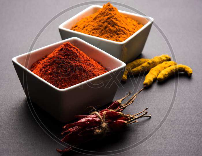 Turmeric and red chilli powder