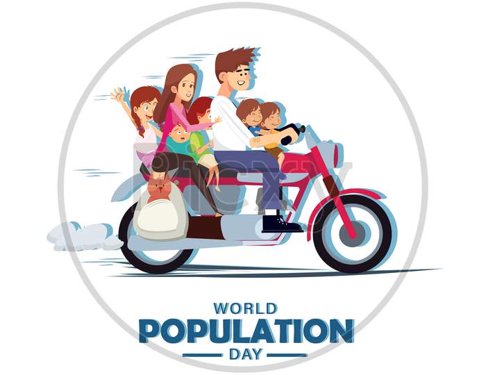 World Population Day, 11Th July, Whole Family With Pet Dog On A Motorbike, Motorcycle, Family Vacation, Vector Illustration