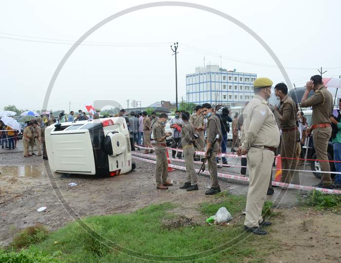 Police officials at the site of the encounter of gangster Vikas Dubey who was killed when he tried to escape from police custody in Kanpur, Uttar Pradesh on July 10, 2020