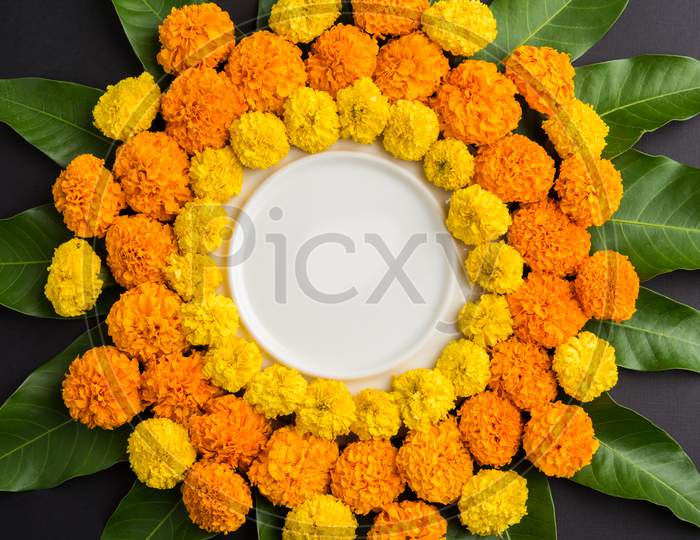 Flower Rangoli for Diwali or Pongal with copy space