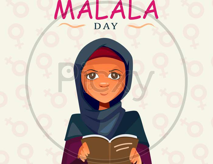 World Malala Day, 12Th July, Malala Yousafzai, Women Reading Book, Education, Illustration Vector