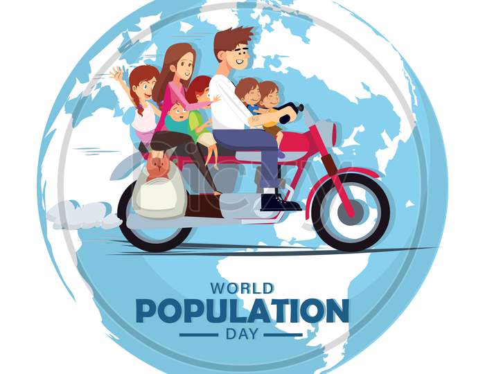 World Population Day, Riding Whole Family With Pet Dog On A Motorbike, Motorcycle Around The Globe, Vector Illustration