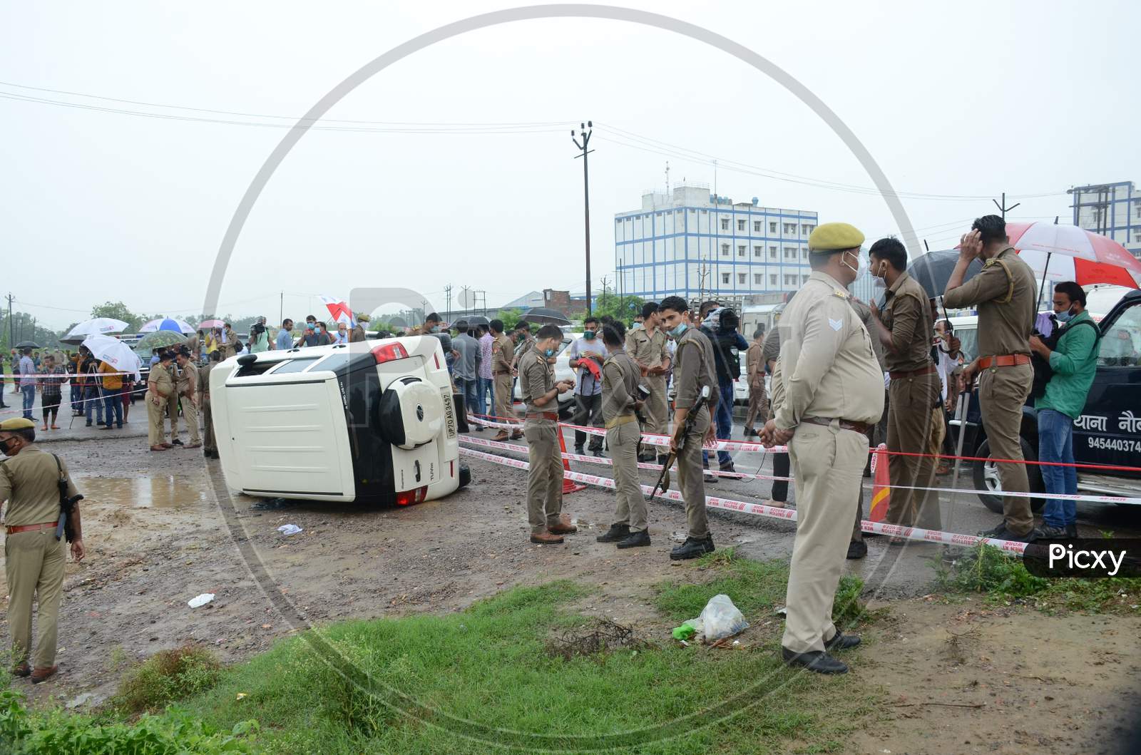 Police officials at the site of the encounter of gangster Vikas Dubey who was killed when he tried to escape from police custody in Kanpur, Uttar Pradesh on July 10, 2020