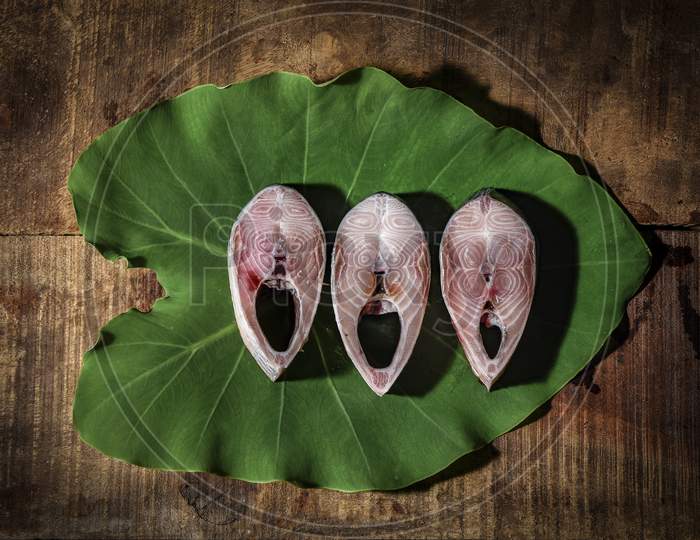 Raw pieces of ilish .the world famous ilish fish of padma river of bangladesh