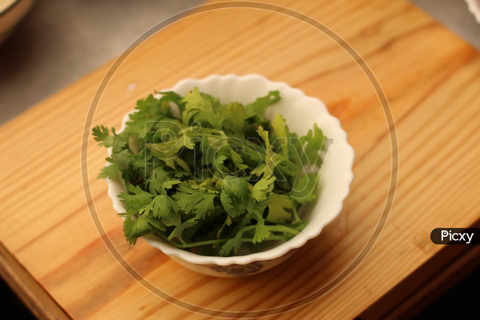 Coriander leaves in a white bowl.