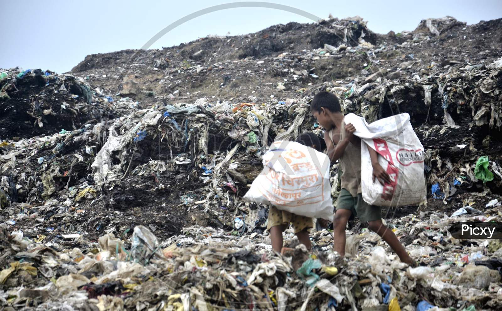 A rag picker  boy collecting plastic waste from a garbage dumping site