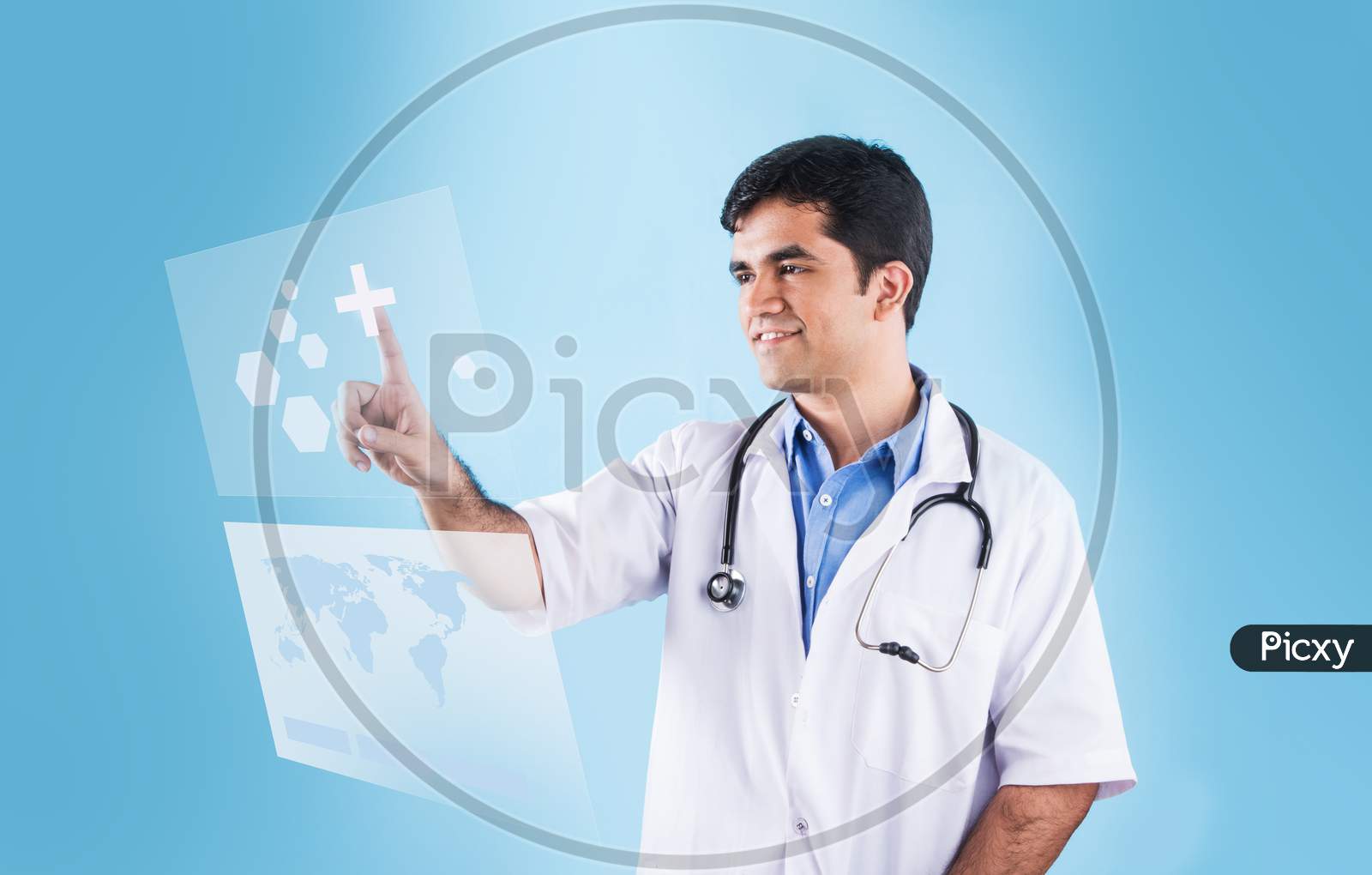 Indian male doctor touching virtual screen