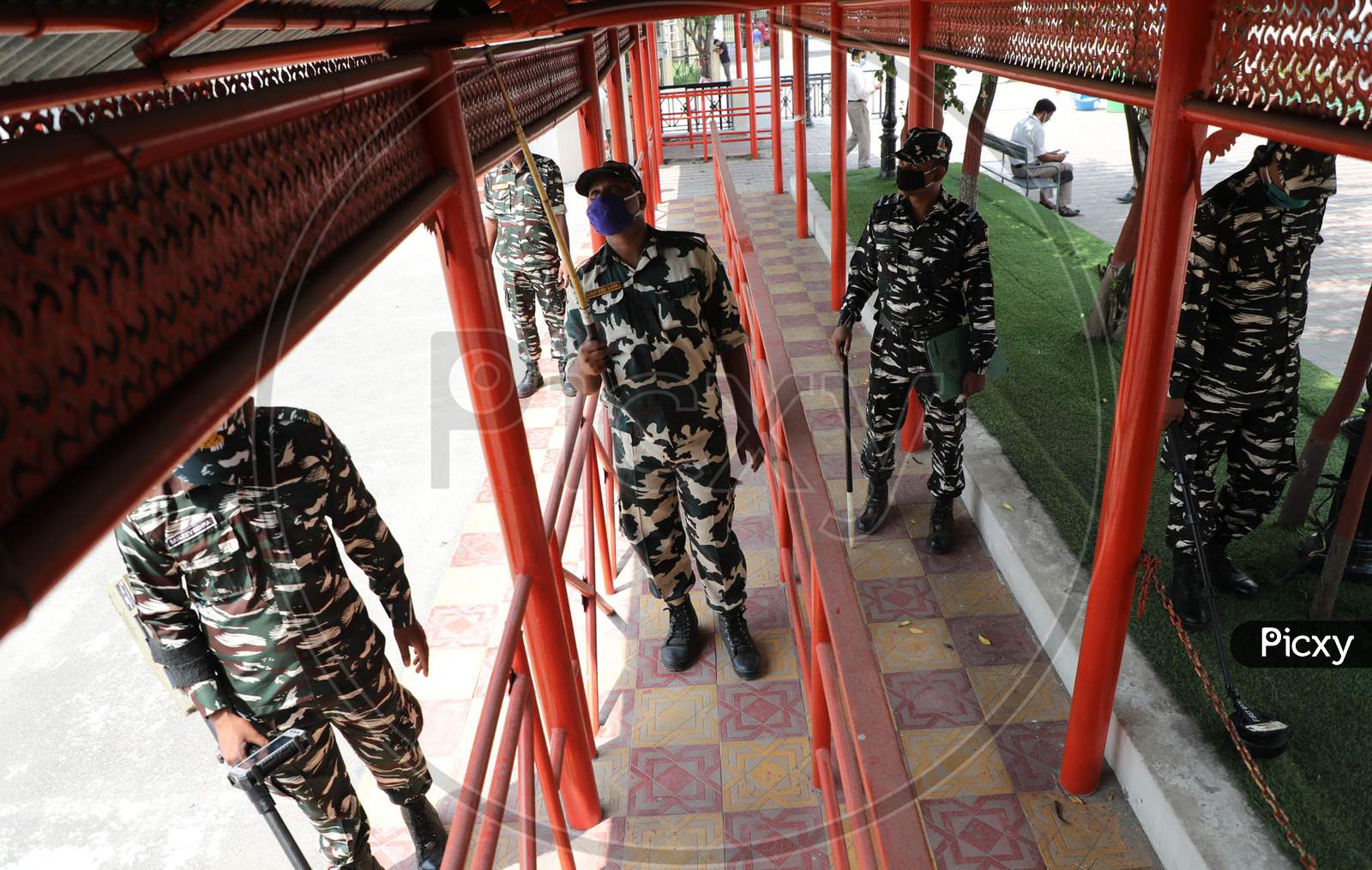 Security personnel check the perimeter at the base camp of Amarnath Yatra with metal detectors in Jammu  on July 11, 2020