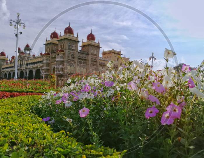 View of mysore palace from a garden beside it
