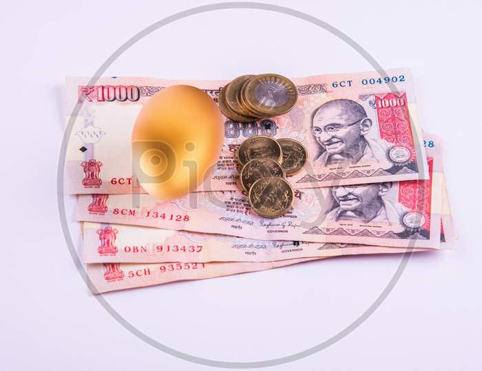 A gold egg on a pile of indian currency notes