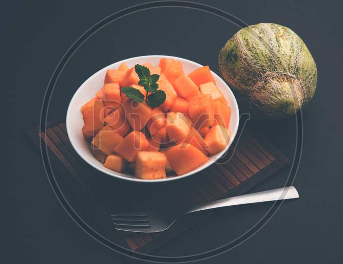 Cantaloupe / muskmelon / kharbuja pieces in bowl