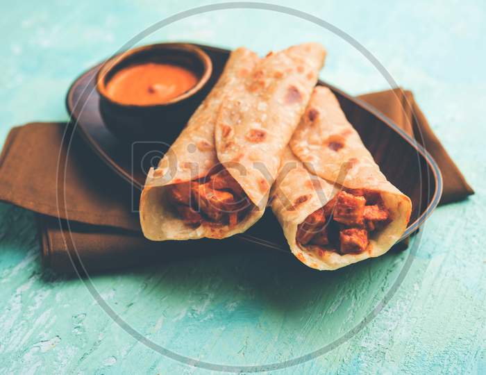 Peri peri paneer chapati frankie/wrap/roll, selective focus