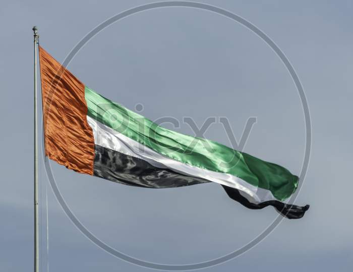 Uae Flag During Windy Time, Blurred Photo, Selective Focus, Selective Focus On Subject, Background Blur