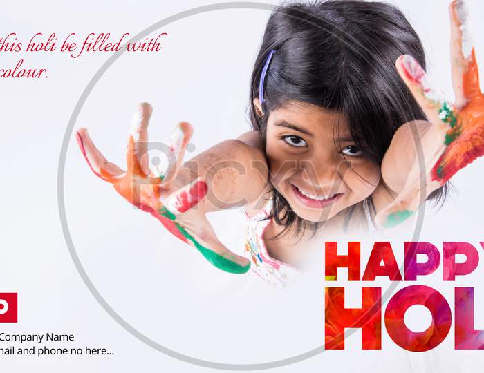 Happy Holi Greeting card showing cute little girl with hands painted