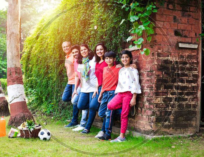 Multi generation Indian family of six standing against brick wall in park or garden and having fun, healthy family life concept