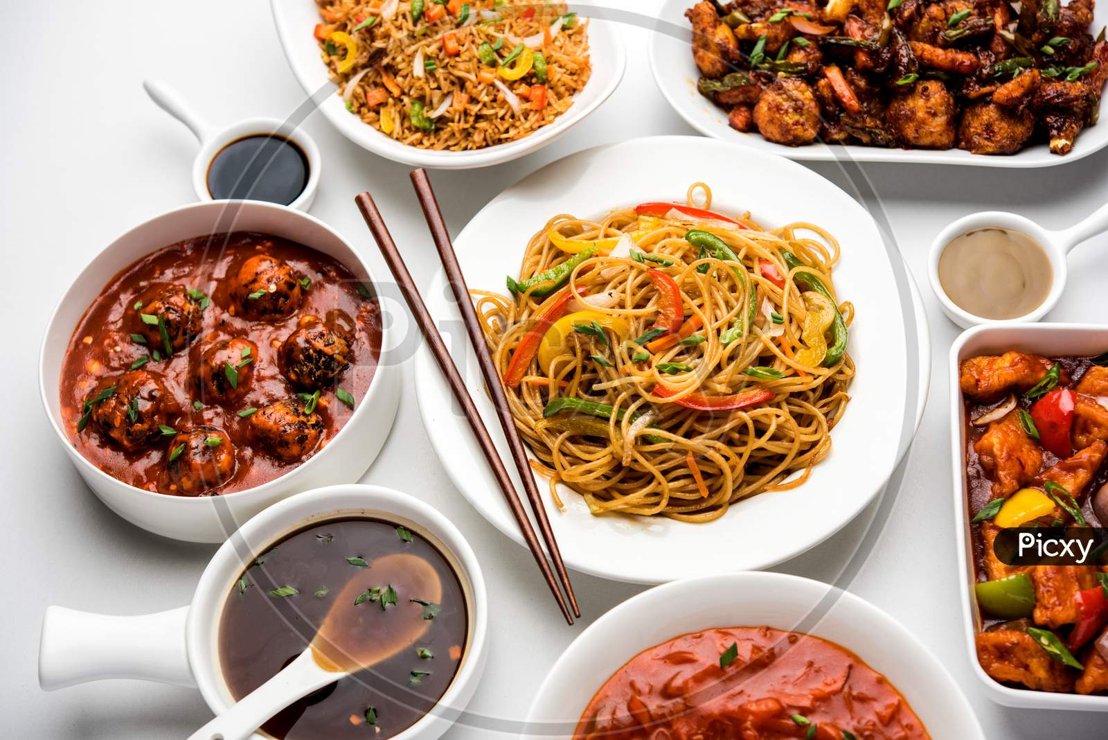 Assorted Chinese food in group