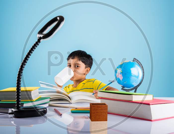 Indian school boy/kid studying at home with books