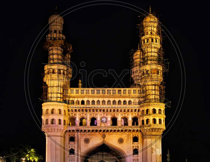 Night view of historical charminar front view and ancient minar architecture