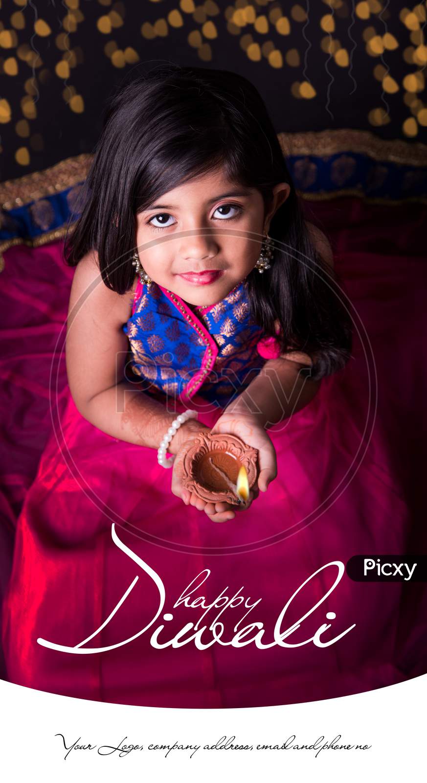 Diwali Greeting Card showing small Girl Holding Diya or oil lamp