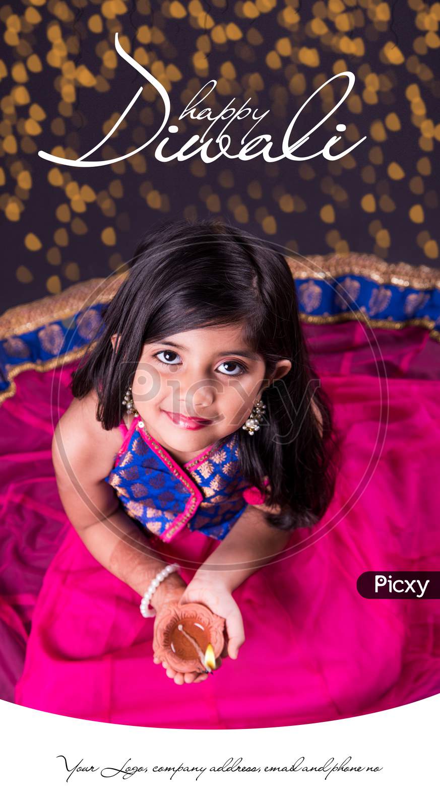 Diwali Greeting Card showing small Girl Holding Diya or oil lamp