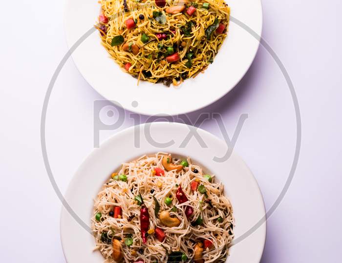 Spicy semiya uppma or upma served in plate. selective focus