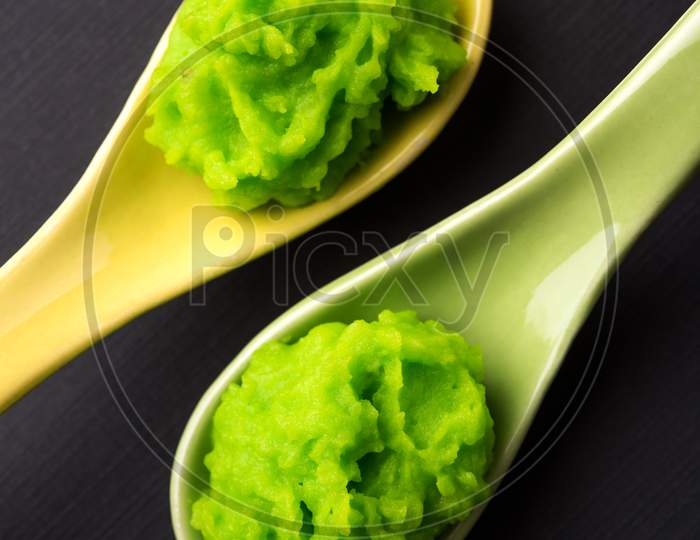 Green wasabi sauce or paste in bowl