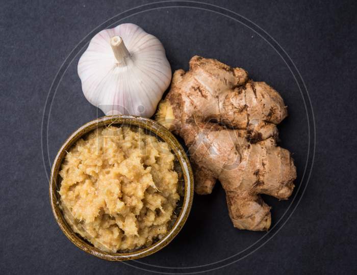 Ginger garlic paste or puree Also known as Lahsun Adrak mixture, selective focus