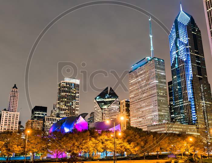 Night Cityscape Of Chicago At Millennium Park In Illinois, United States
