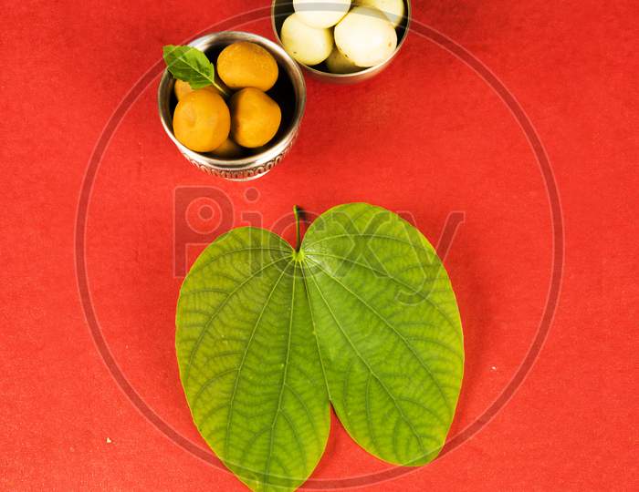 Happy Dussehra greeting card using apta  / Bauhinia racemosa / Bidi leaf