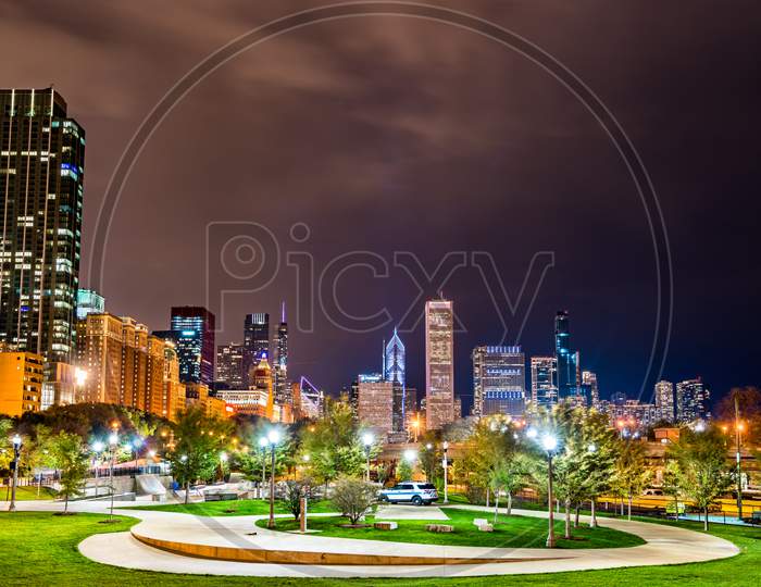Night Cityscape Of Chicago At Grant Park In Illinois, United States